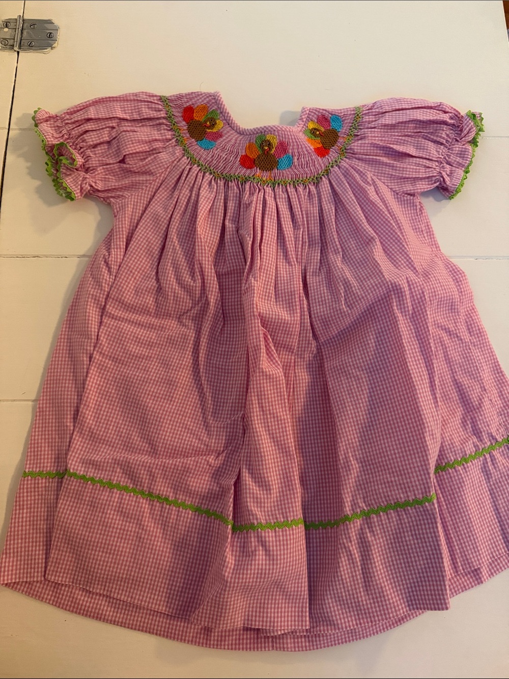Girls Pink Gingham Smocked Dress with Floral Embroidery